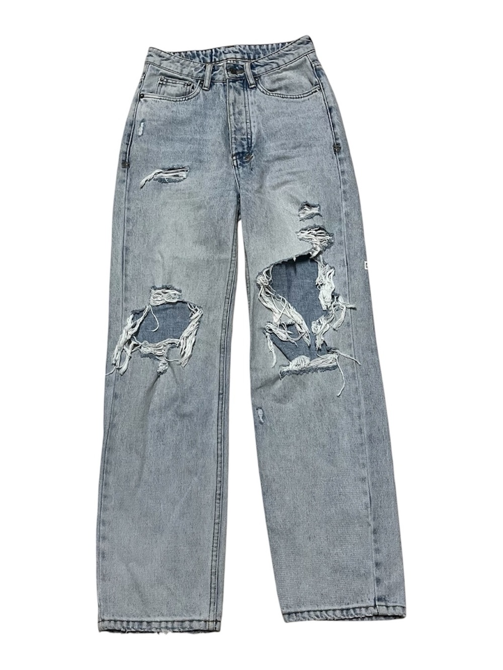 Ksubi Denim Straight Leg Blue Jeans Women’s Distressed High Rise 24 Button Fly